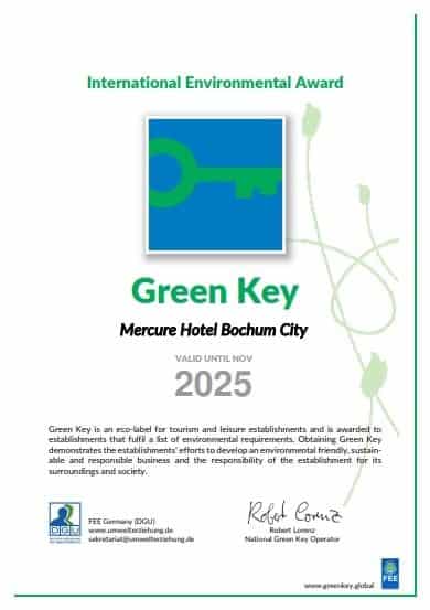 Green Key Zertifikat des Mercure Hotel Bochum City, gültig bis November 2025